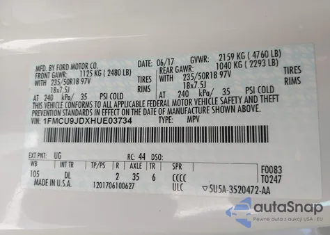 2017 Ford Escape Titanium z USA, uszkodzony, nr VIN 1FMCU9JDXHUE03734